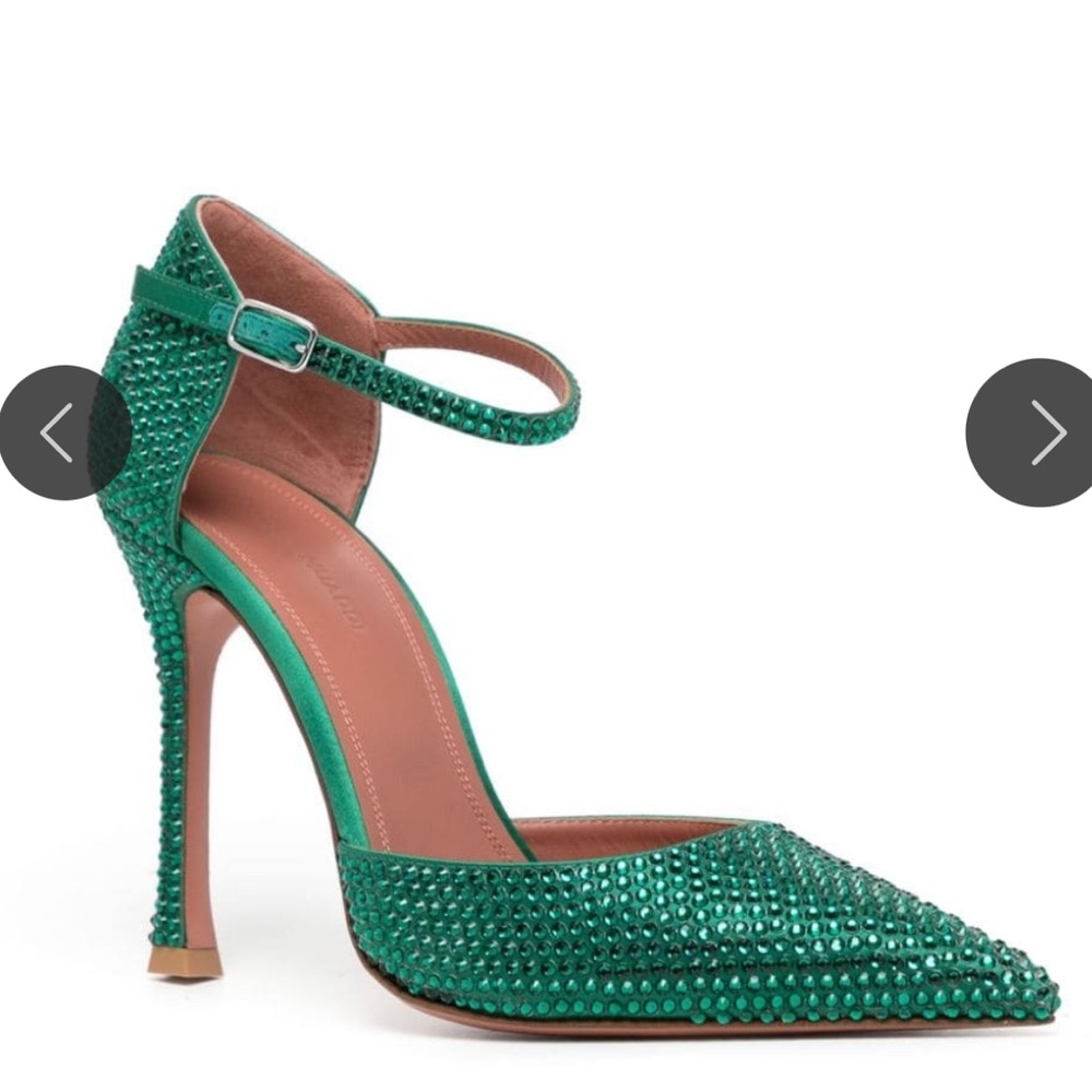 Amina Muaddi Green Crystal Embellished Pointed Toe Ankle Strap Heels